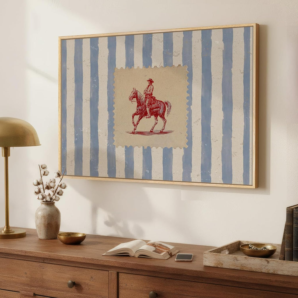 Large Framed Western Cowboy Wall Art , Vintage Farmhouse Horse Canvas Prints Paintings, Blue Striped Country Picture