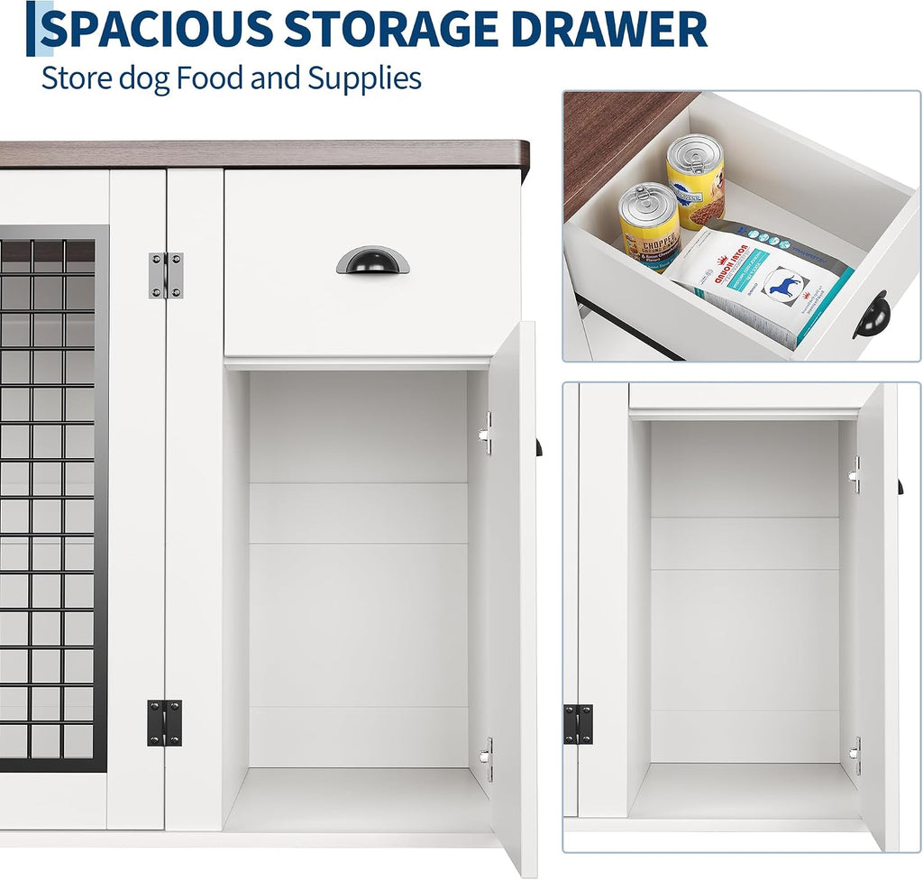 Elegant Wooden Dog Crate Furniture with Double Doors, Storage Drawers, Side Cabinet - Durable Heavy Duty Indoor