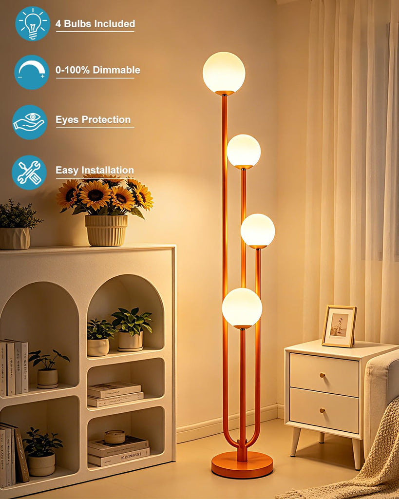4-Globe Dimmable Orange Floor Lamp, 63IN Standing Tall Lamps with 3000K Bulbs for Reading, Mid Century Modern Floor