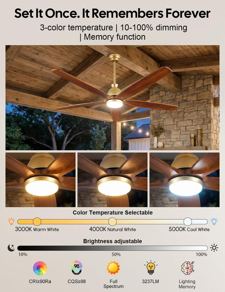 60 Inch Outdoor Ceiling Fan with Lights, Gold Brass Finish, 5 Solid Walnut Wood Blades, High CFM Quiet DC Motor