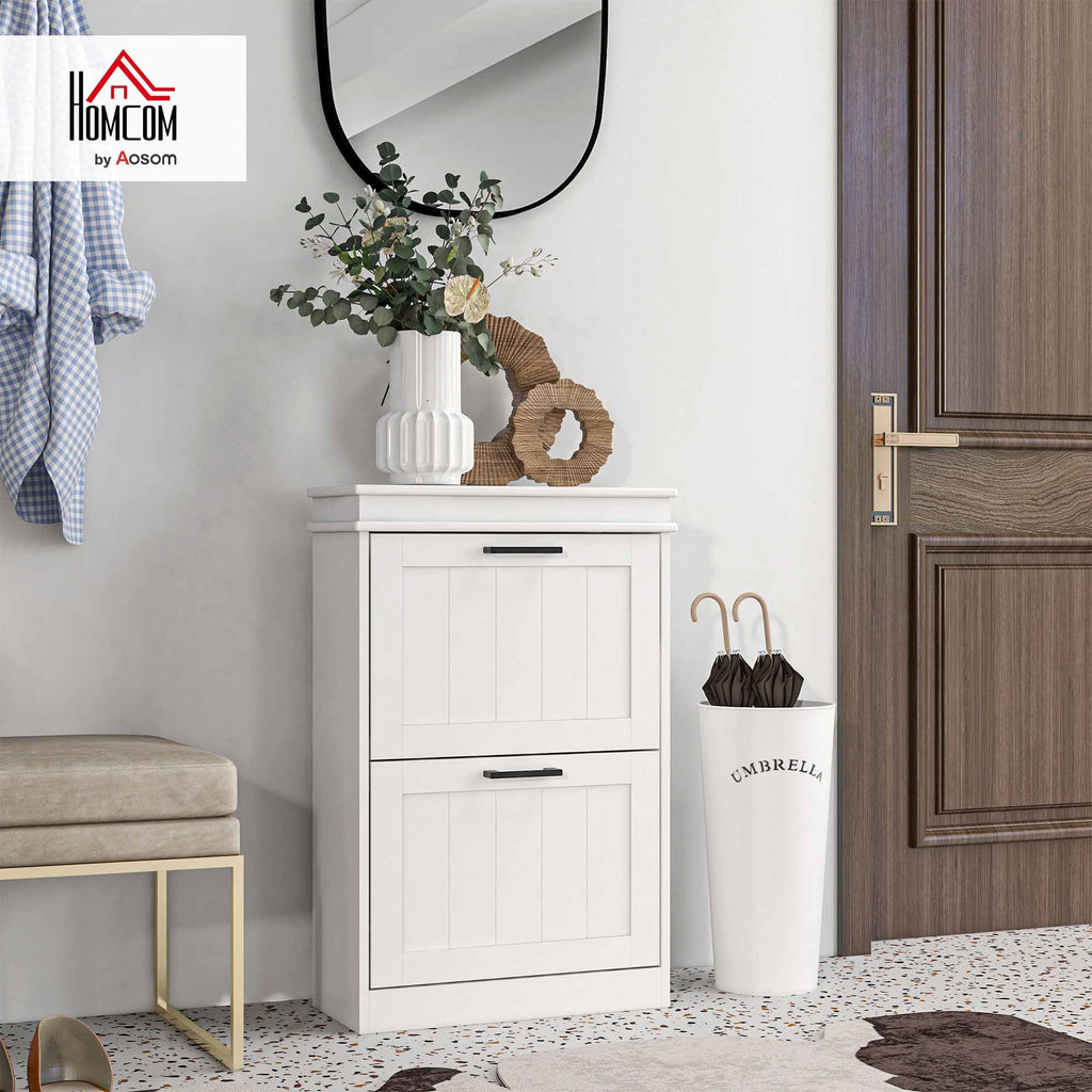 Narrow Shoe Cabinet with 2 Flip Drawers, Modern, White
