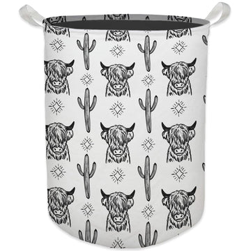 Western Laundry Basket, Retro Highland Cow Cactus Collapsible Laundry Hamper - Waterproof, Dirty Clothes Storage Bin