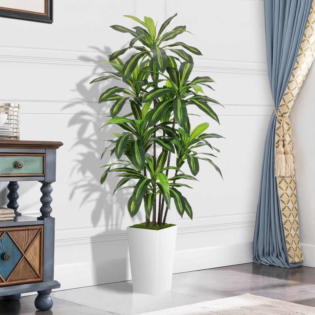 Artificial Plant 6FT Dracaena Fake Tree with White Tall Planter