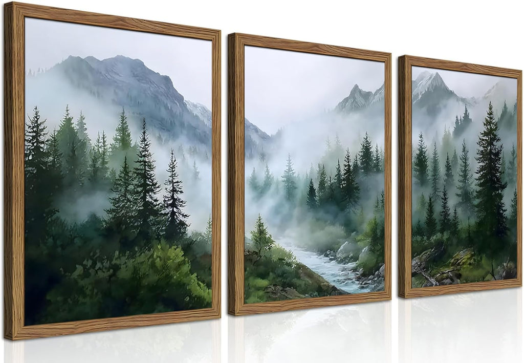 Framed Forest Wall Art Set of 3, Misty Mountain Landscape Canvas Wall Decor Paintings, Nature Tree River Scenery