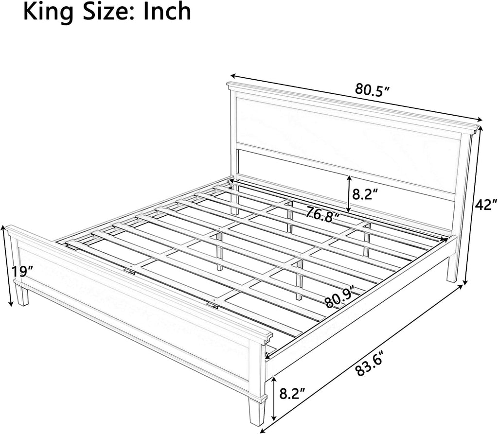 King Wood Bed Frame with Headboard, Mid-Century Modern Platform Bed, Farmhouse Style Bed with Under-Bed Storage, Wood