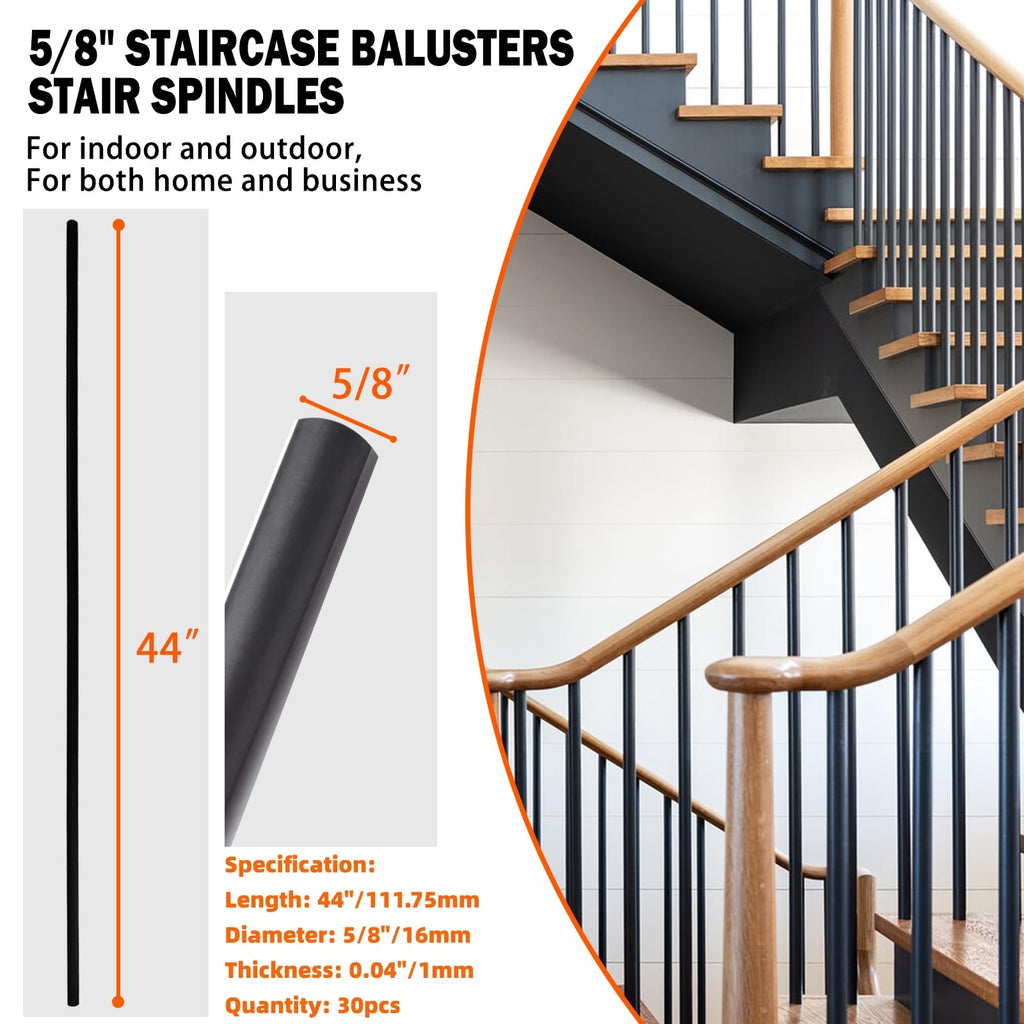 Wrought Iron Balusters (Set of 30), Round Hollow Straight Stair Spindles, Decorative Metal Balusters Spindles for