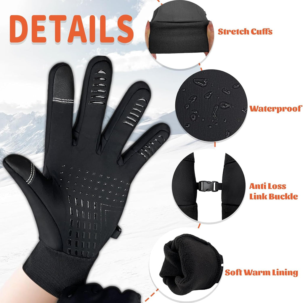 Kids Winter Gloves Waterproof Touchscreen Warm Fleece Anti-Slip for Boys Girls Children Black
