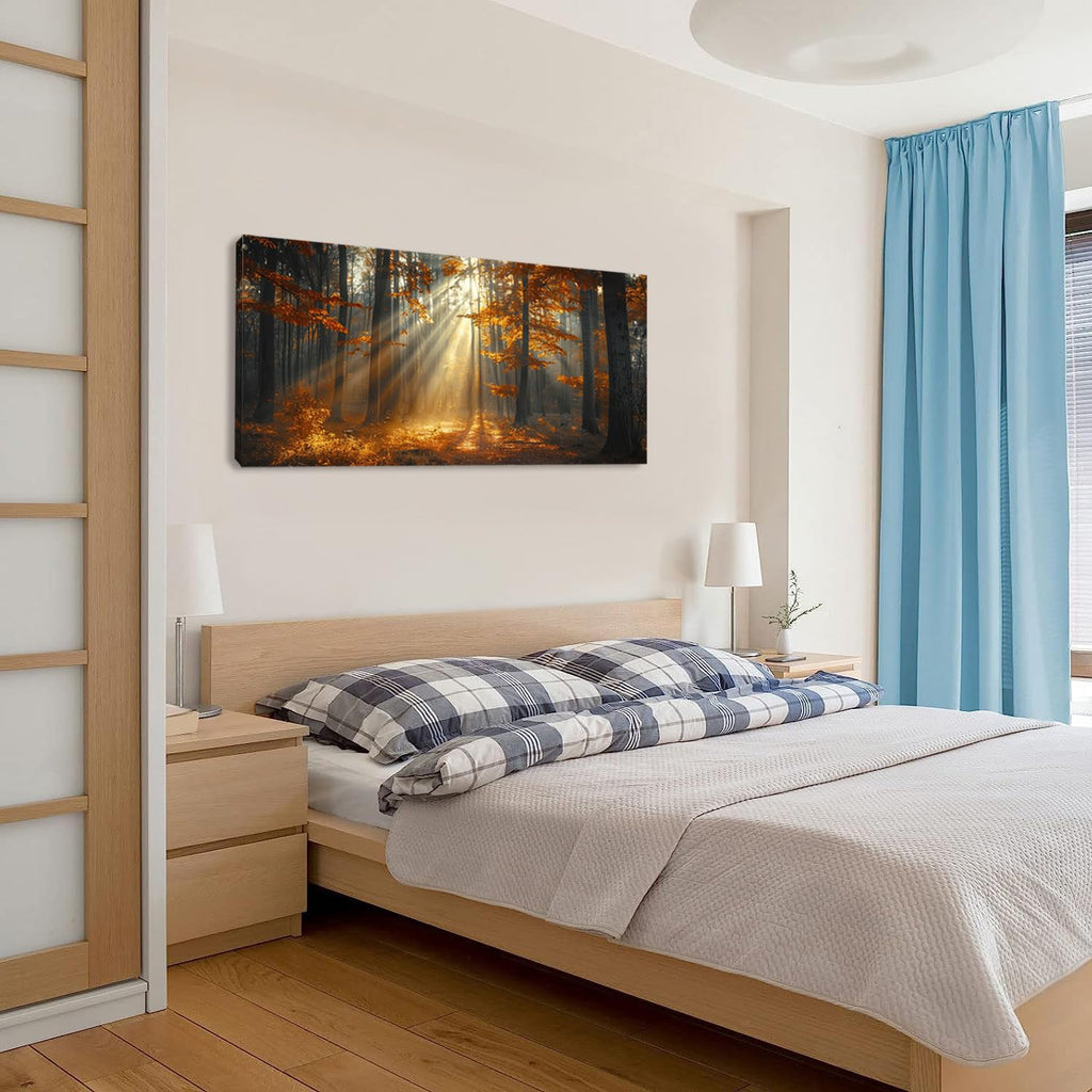 Beautiful Autumn Forest Landscape Wall Art Office Calming Nature Scenery Golden Painting Prints Sunlight Spills
