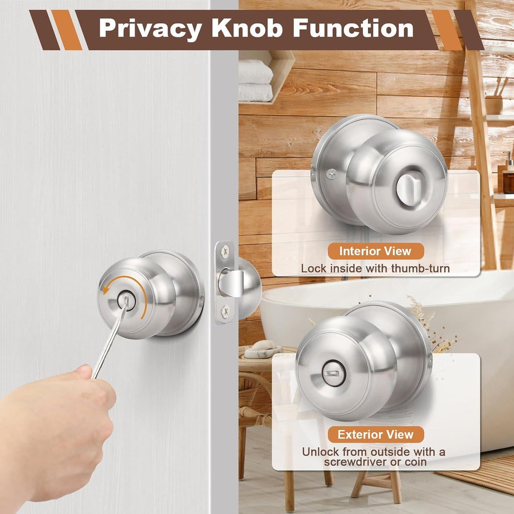 6 Pack Brushed Nickel Door Knobs, Privacy Door Lock Silver Keyless Door Handle with Lock Bedroom, Keyless Door