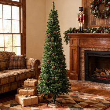 Slim Artificial Christmas Tree, Unlit Pencil Tree with Pine Cones
