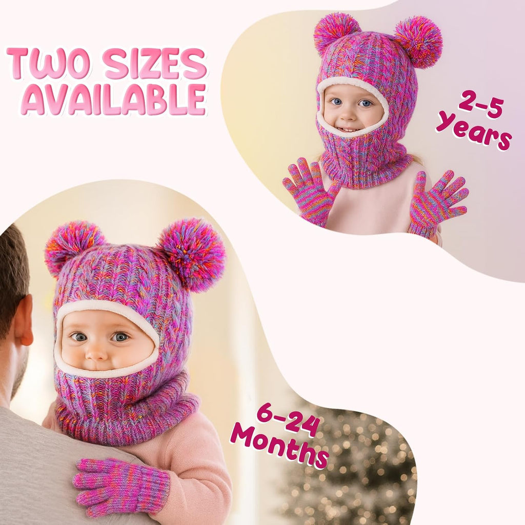 Toddler Winter Hat Scarf Glove Set, Unisex Baby Kids Velvet Lined Knitted Hat with Neck Warmer for Cold Weather