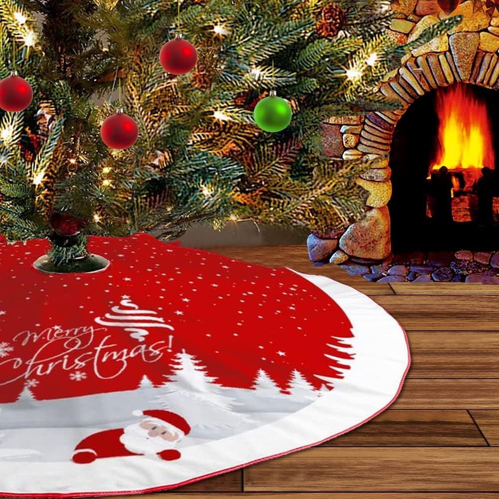 Christmas Tree Skirt Red Xmas Tree Ornaments for White Soft Plush Christmas Tree Mat with Snowy Pattern
