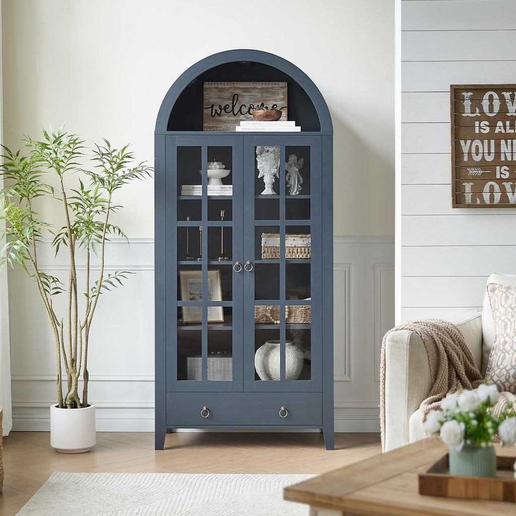 71" Tall Arched Cabinet Bookshelf with Glass Door & Storage Drawer | Modern Farmhouse Display Cabinet,Adjustable