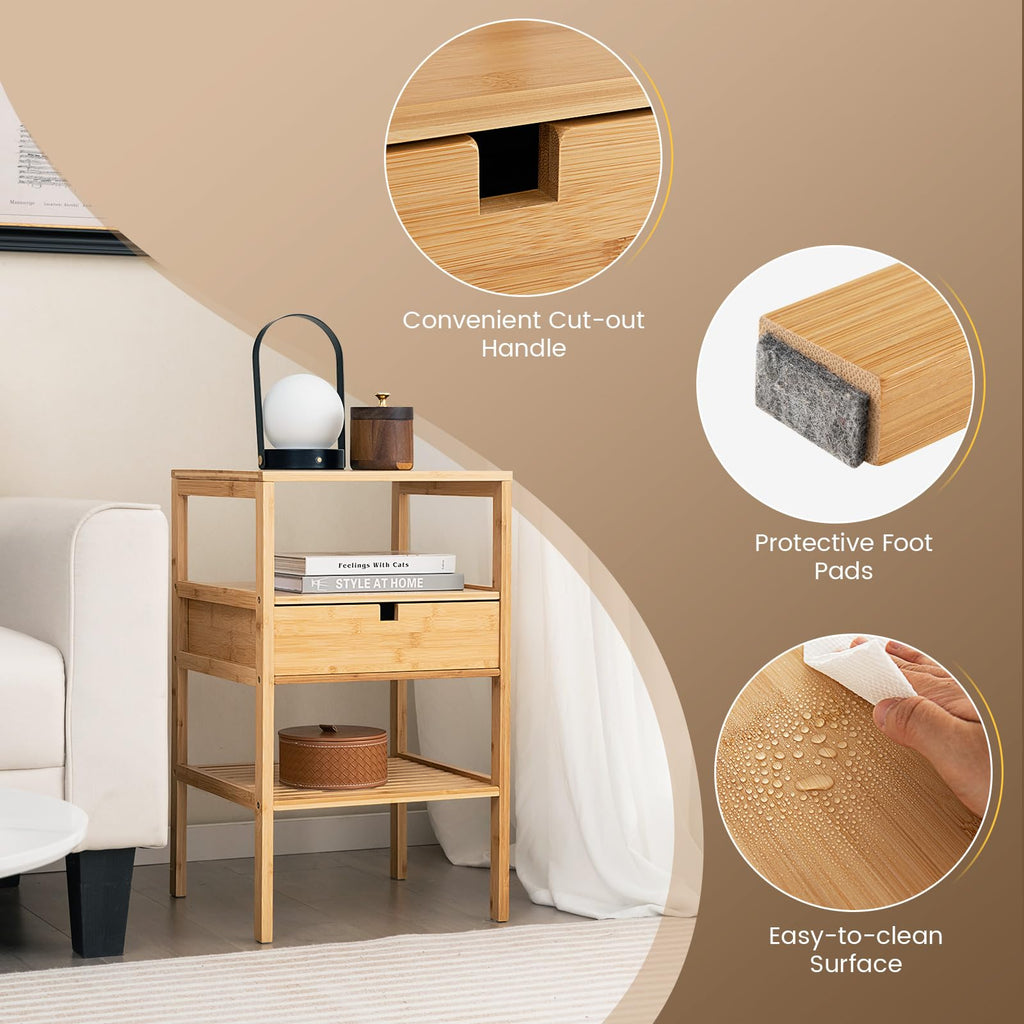 3-Tier Bamboo Nightstands Set of 2 with Drawer, Open Shelf, Natural