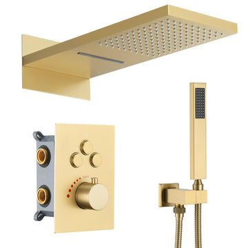 Thermostatic Shower System, Waterfall Shower Head(Brushed Gold)