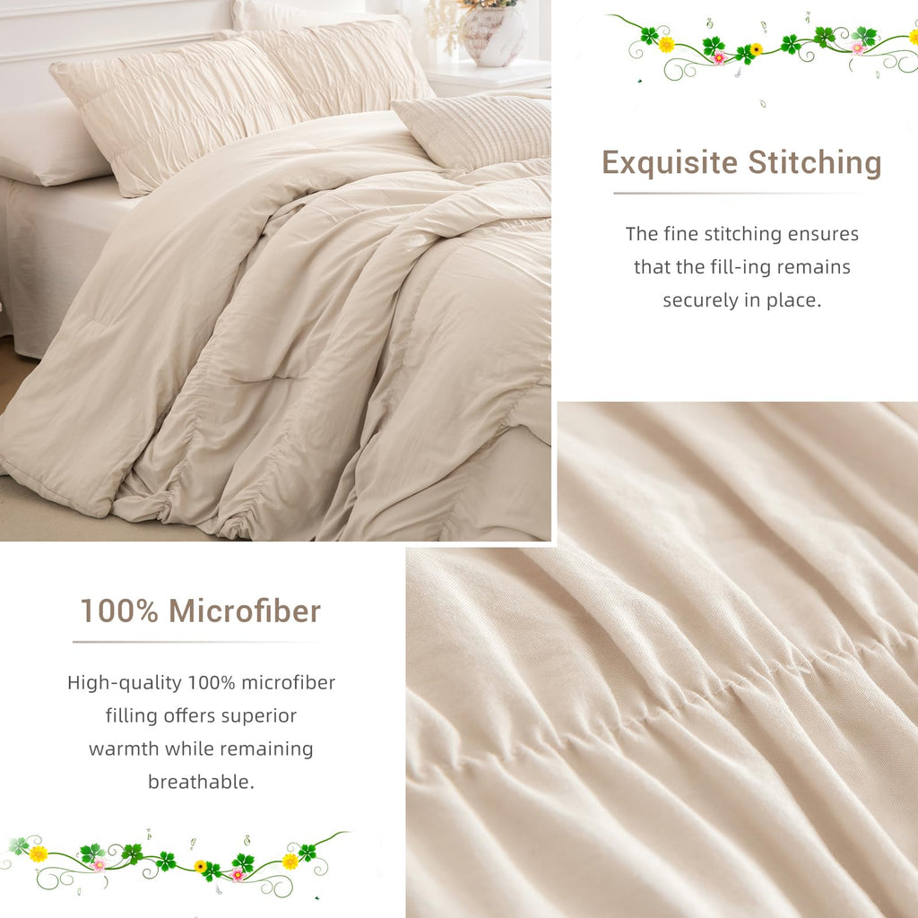 Oversized King Bed Comforter Set- Wheat Ruched Boho 120 x 120 Comforter Set, 3 Piece Fluffy Bedroom Set with Pillow