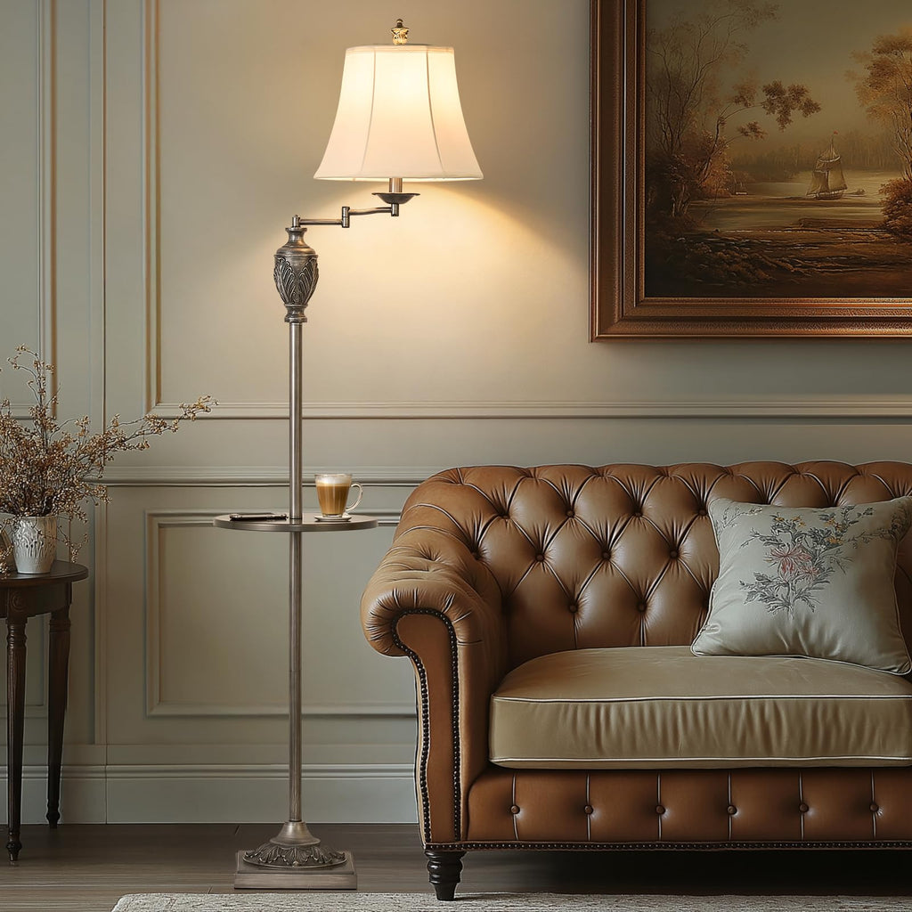 Traditional Floor Lamp with Tray, Remote Dimmable,350° Swing Arm and Silver