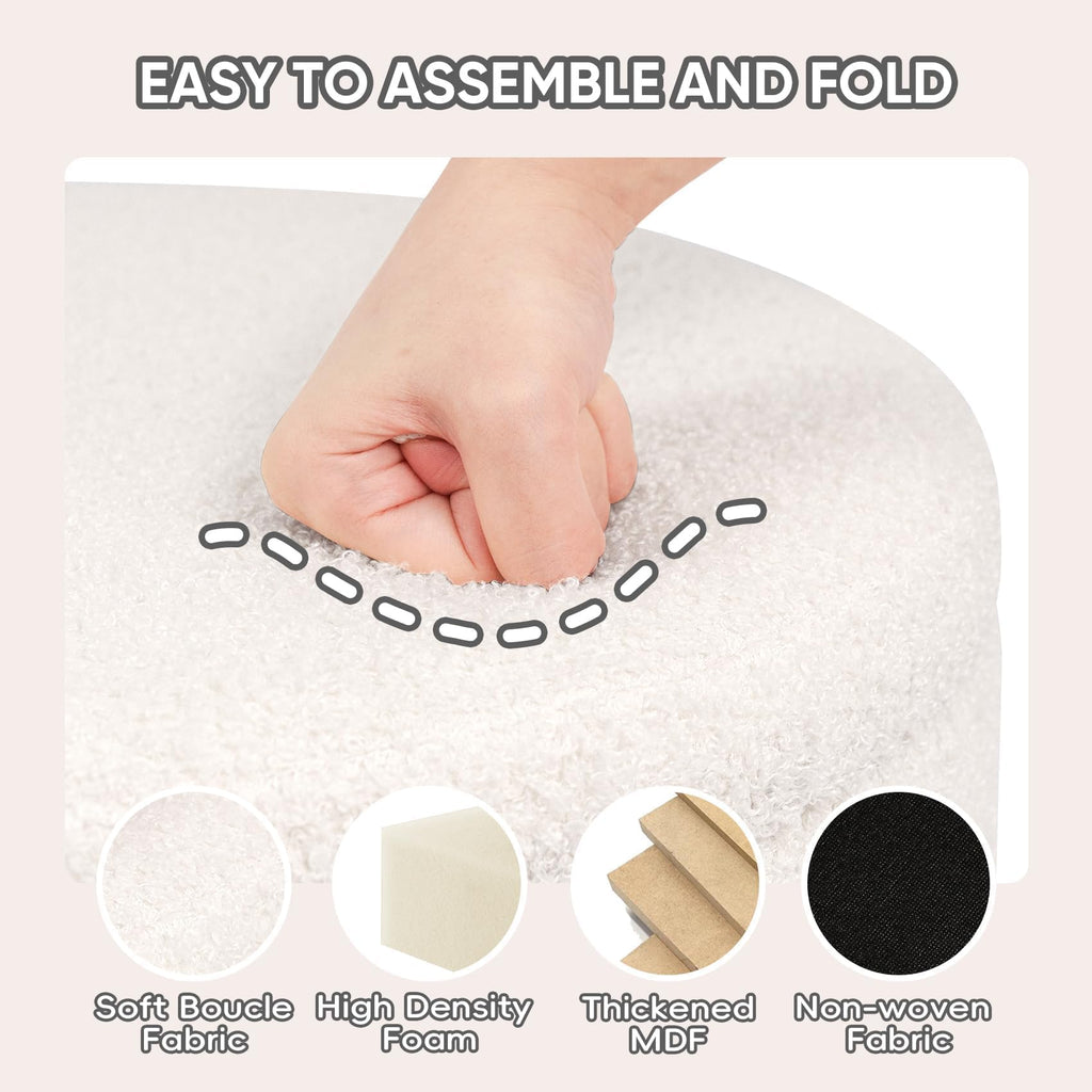 Round Folding Storage Ottoman, Cream Boucle Footstool