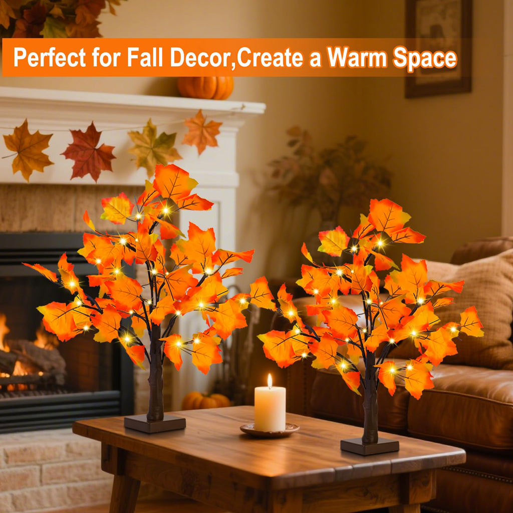 Fall Decor 2 Pack Fall Trees Artificial Lighted Maple Tree Thanksgiving Decor 48 LED Table Fall Lights Up Tree