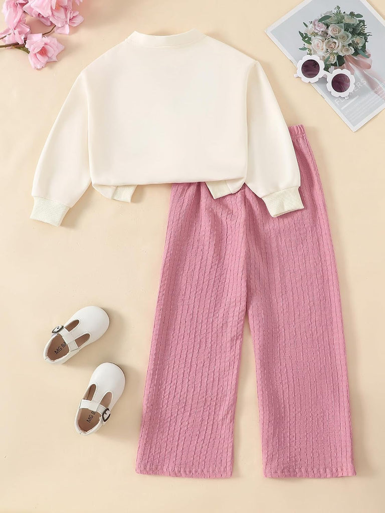 Toddler Girl 2 Piece Outfits Cute Flower Long Sleeve Cardigan Sweatshirt and Waffle Textured Wide Leg Pants Set