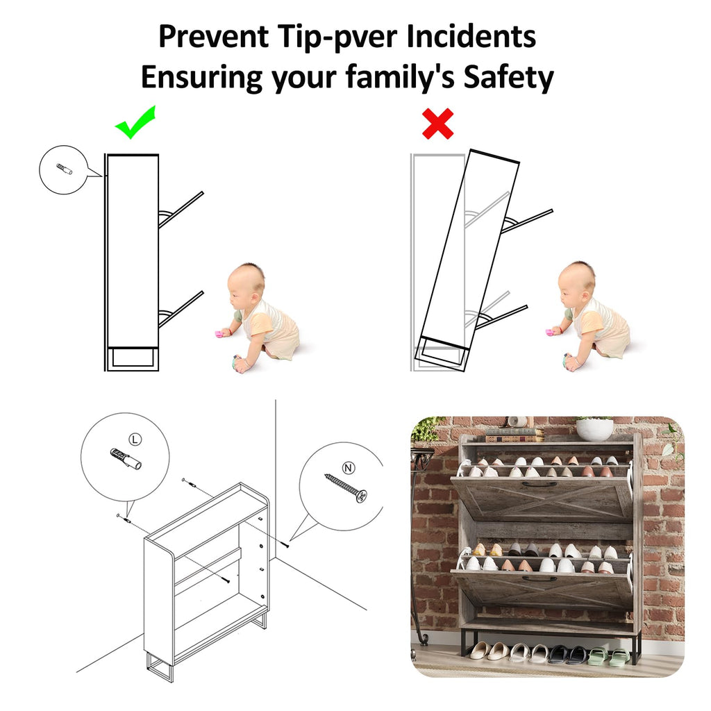 Shoe Storage Cabinet with 2 Flip Drawers, Freestanding Organizer with Metal Legs, Narrow Shoe Rack Cabinet, Light