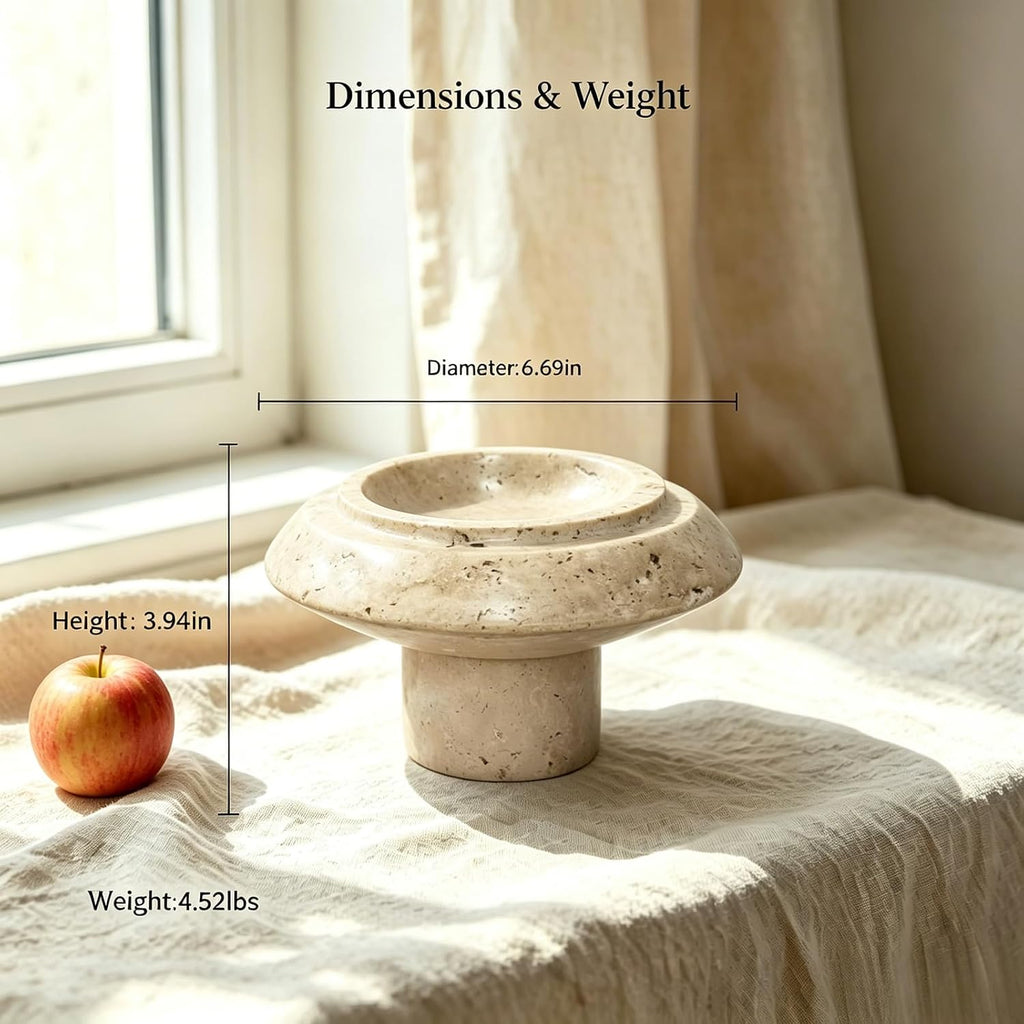 Yellow Travertine Natural Marble Mushroom Pedestal Tray 6.69" x 6.69" x 3.94", Footed Decorative Catchall Bowl