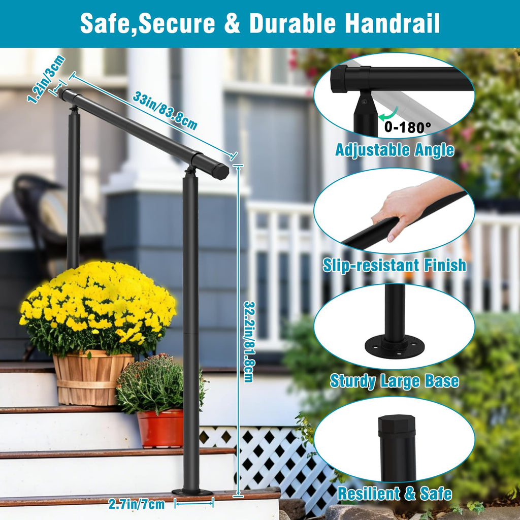 Hand Rails for Outdoor Steps - Adjustable Handrail Railing Kit for Indoor Stairs (2-3 Steps), Easy One-Step Assembly