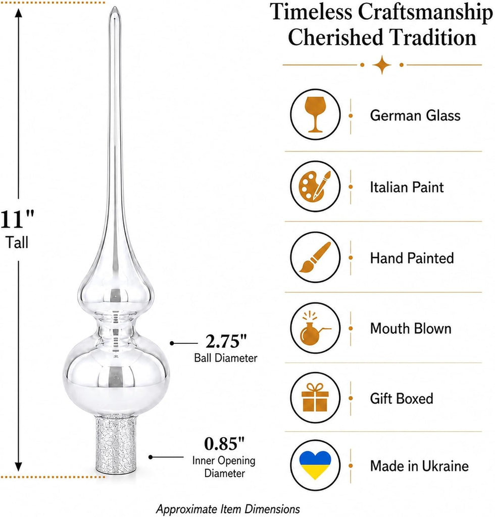 Glossy White with Sparkling Top Glass Christmas Tree Topper 11 Inches