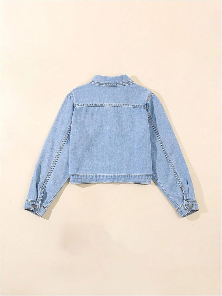 Girl's Bow Embroidered Denim Jacket Long Sleeve Button Down Jean Jacket Cute Outerwear