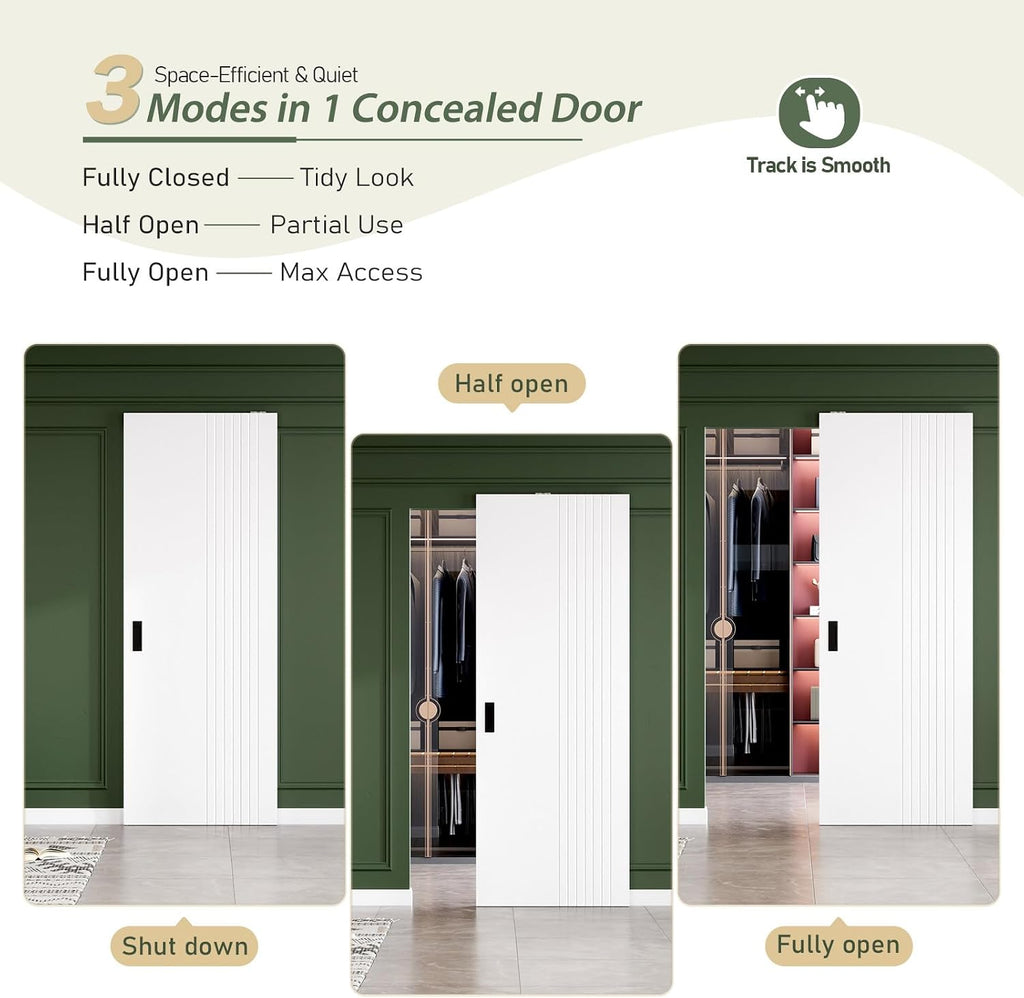 32"x86" Concealed Sliding Barn Door with Soft Close Hardware Kit, White Hidden Door for Opening 24"-28"x84"
