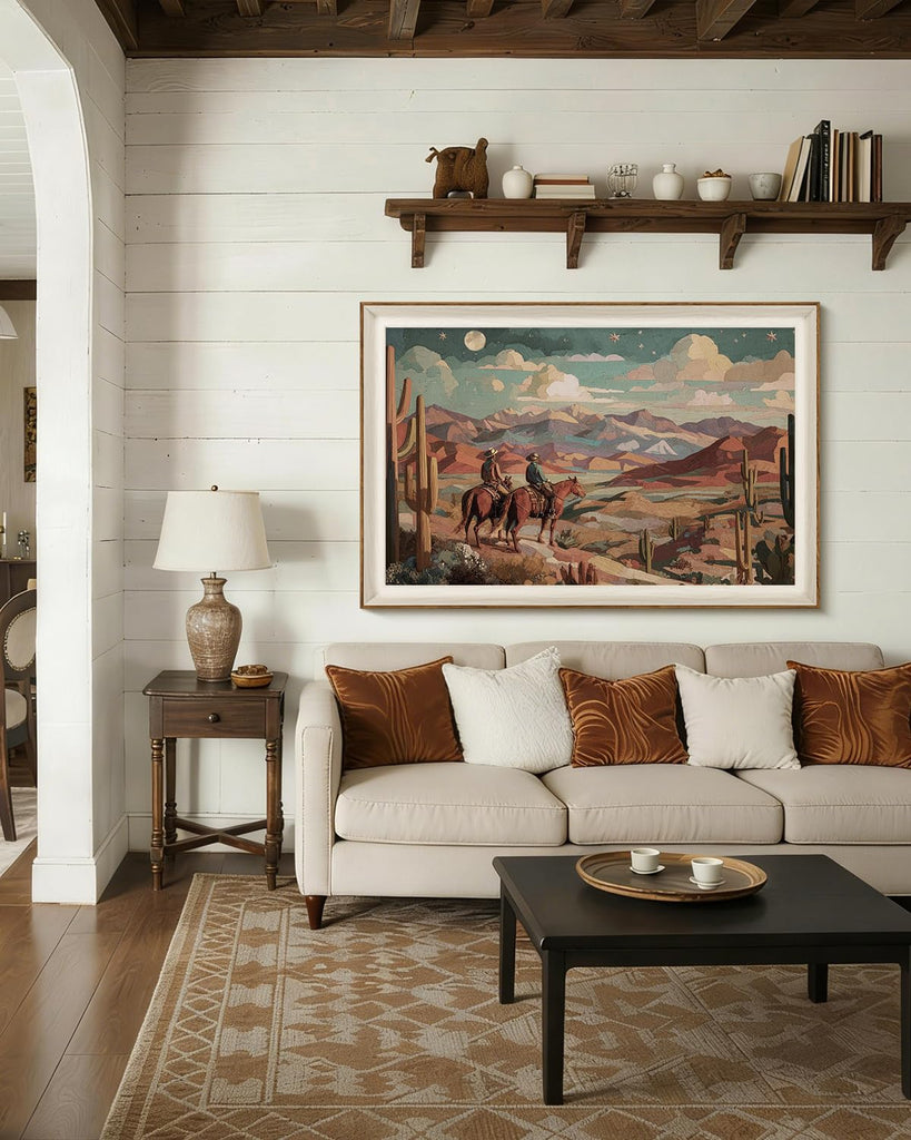 Classic Framed Canvas Wall Art, 24x36 Inch Large Cowboy Painting Treasure Hunter Artwork Decor, Western Vintage Sky
