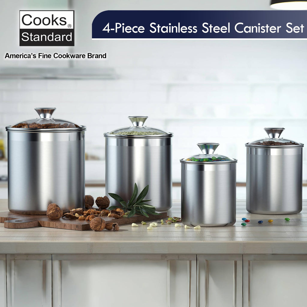 Classic Stainless Steel Food Jar Storage Canister Set Medium, Airtight Containers with Glass Lid for Tea Coffee Sugar
