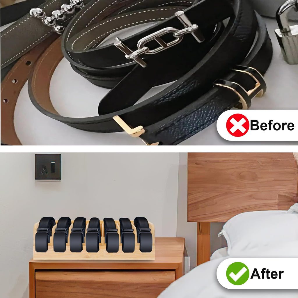 Belt Organizer, 7 Compartments Belt Organizer for Closet and Drawer, Bamboo Display Case for Tie and Belt, Belt