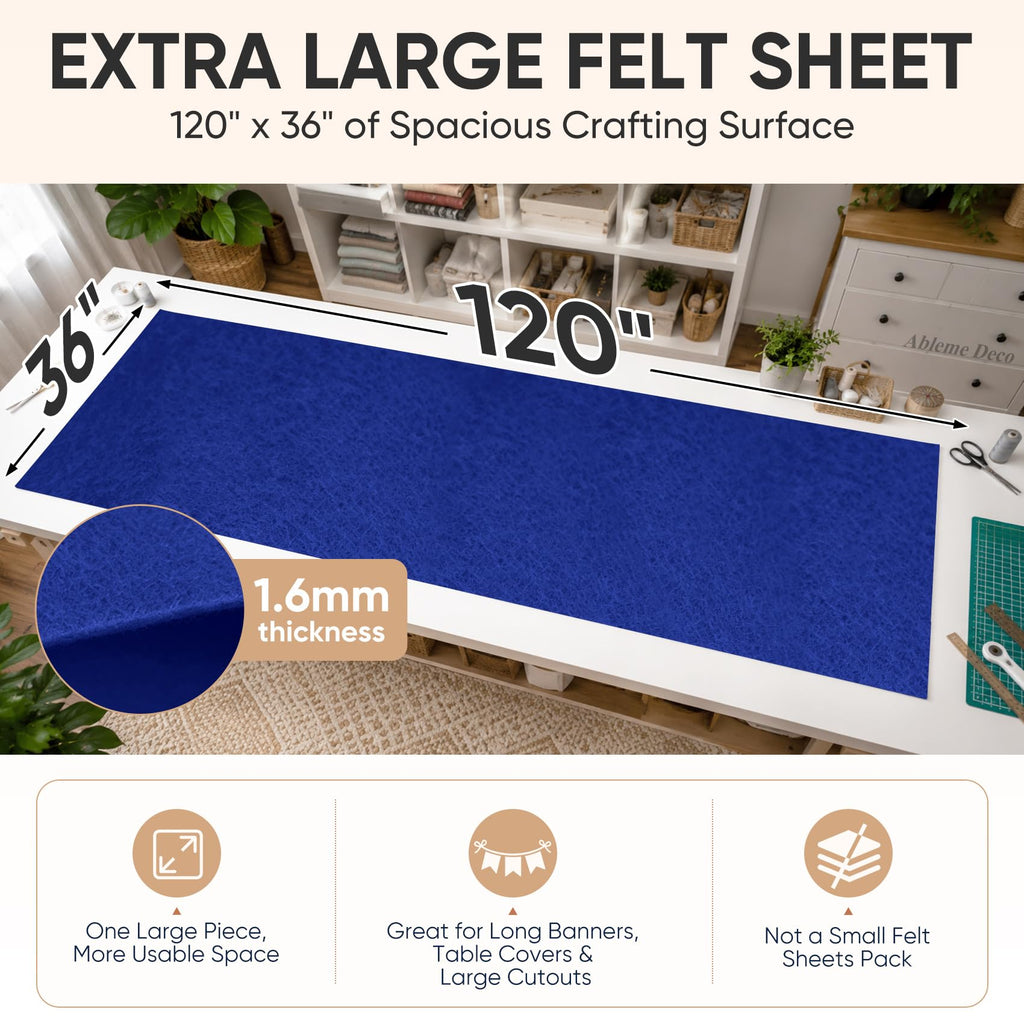 Large Felt Fabric Sheet 120" x 36", Soft Acrylic Material, Royal Blue