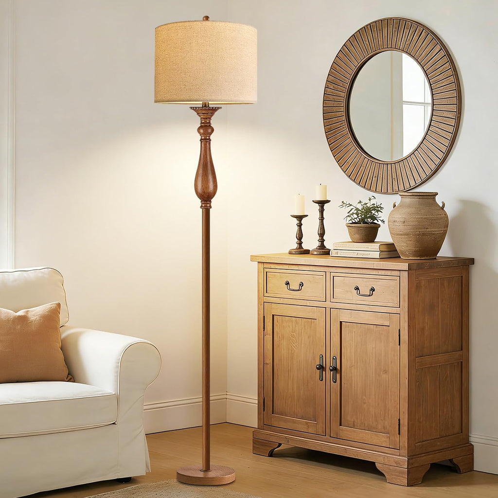 Wood Floor Lamps Farmhouse Boho Floor Lamp with Remote Control & 3 Color Temperature,Dimmable Vintage Floor Lamp Mid