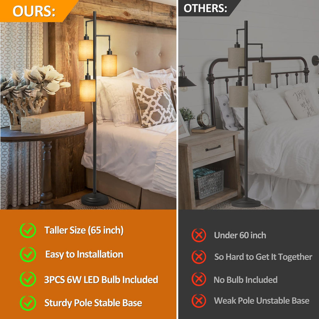 3 Lights Boho Floor Lamps with ON/Off Foot Switch Tree Standing Lamp with Hanging Lampshades Farmhouse Floor Lamp