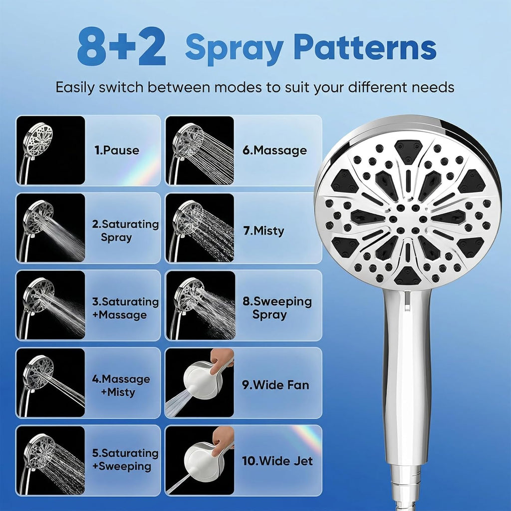 High Pressure Handheld Shower Head, 5" Large 10-Mode Filtered Showerhead with 59" Stainless Steel Hose