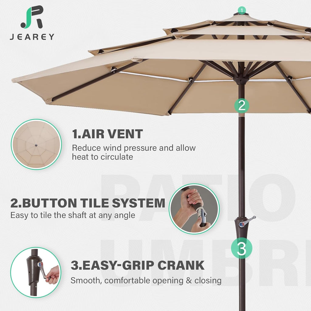 9FT 3 Tier Patio Umbrella Outdoor Market Umbrella Table Umbrellas with 8 Ribs 1.5 Pole Push Button Tilt and Crank UV - B