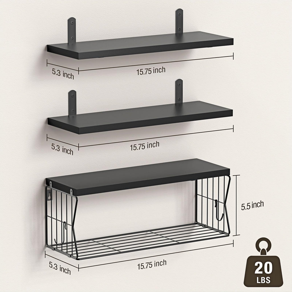 Floating Bathroom Shelves Wall Mounted - Wooden Shelf Set of 3 for Over Toilet Storage & Modern Bathroom Decor