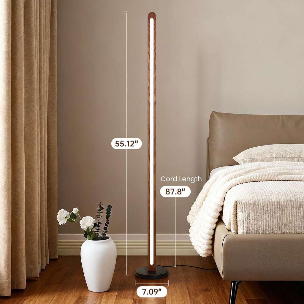 Handcrafted Walnut Ash Solid Wood Floor Lamp, Modern Dimmable Corner LED Standing Light with Remote & Foot Switch