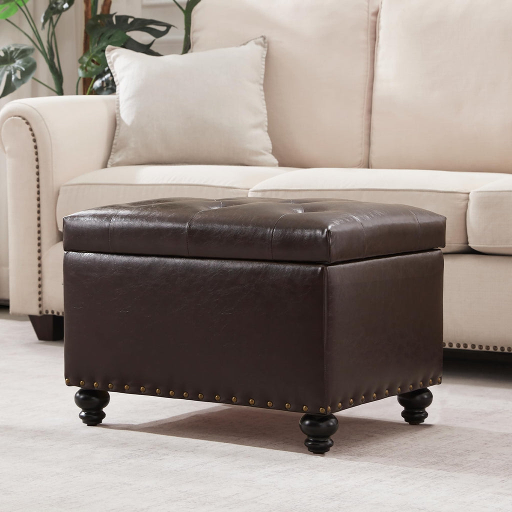 Leather Ottoman with Storage, Upholstered Button Tufted Ottoman Foot Rest, Foot Stools, 24" Rectangle Ottomans with