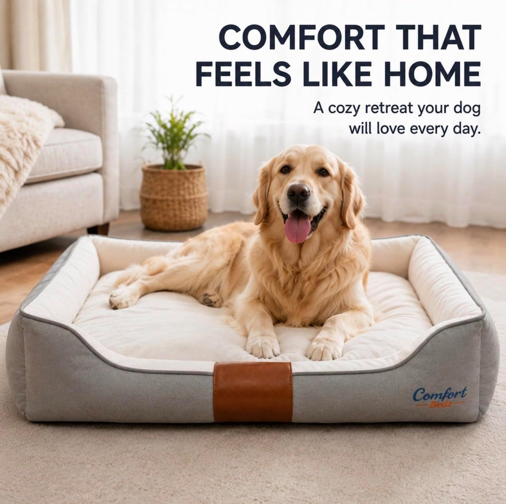 Luxury Orthopedic Dog Bed, x-Large, Canvas Exterior with Leather Accent, Plush Interior, Machine Washable, Waterproof