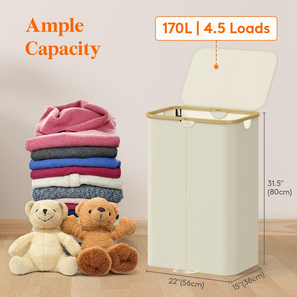 170L Double Laundry Hamper with Lid and Removable Bag, Beige