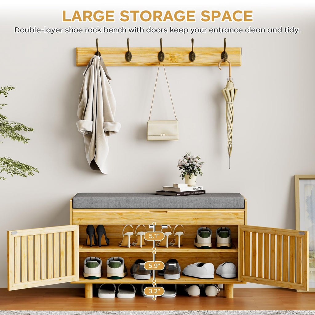 Shoe Storage Bench Coat Rack Set, 35.4" Bamboo Hall Tree Entryway Bench