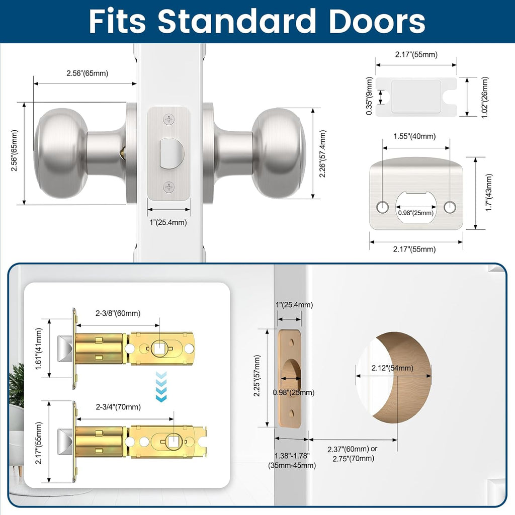 6 Pack Brushed Nickel Door Knob, Round Interior Door Knobs Closet, Non-Locking Passage Door Knobs, Keyless Door