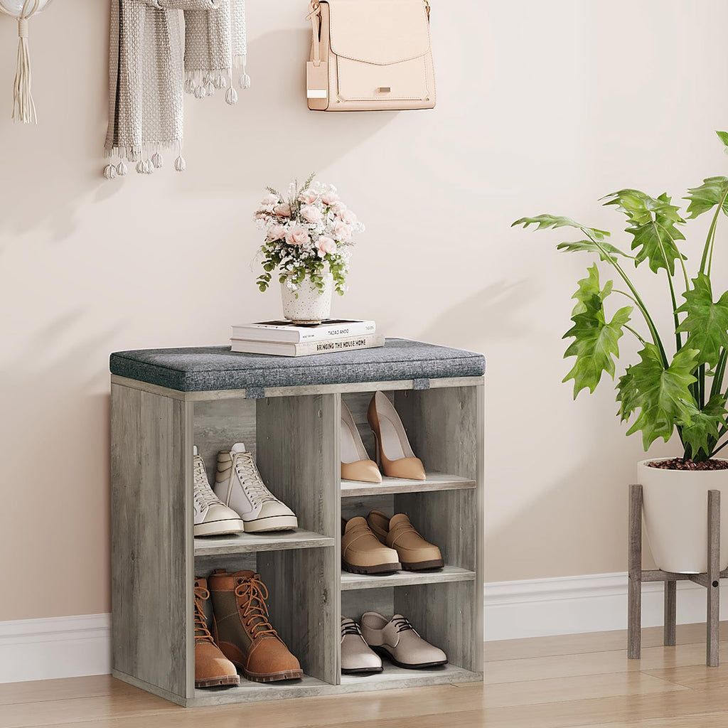 Shoe Bench with Padded Seat, 20'' Shoe Storage Bench with Adjustable Shelves & Side Pockets, 5 Cubes Storage