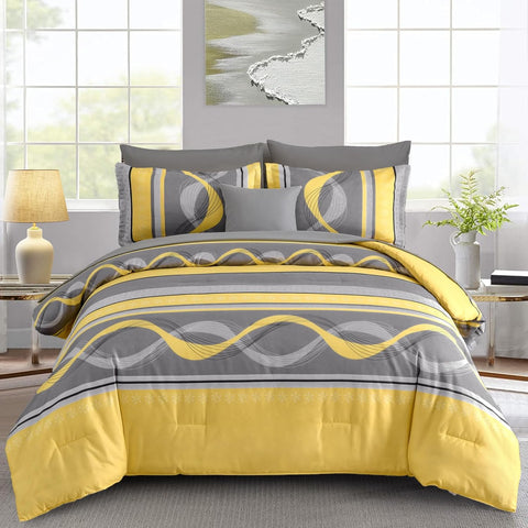 Anibedding Yellow Comforter Set King,8 Pieces Bed in a Bag Patchwork Striped Bedding Sets,Boho Soft Microfiber Bedding