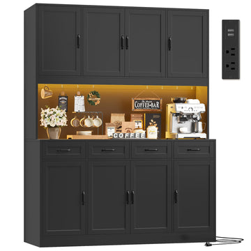 59" W Kitchen Pantry Storage Cabinet, 73" Large Hutch Cabinet, Black