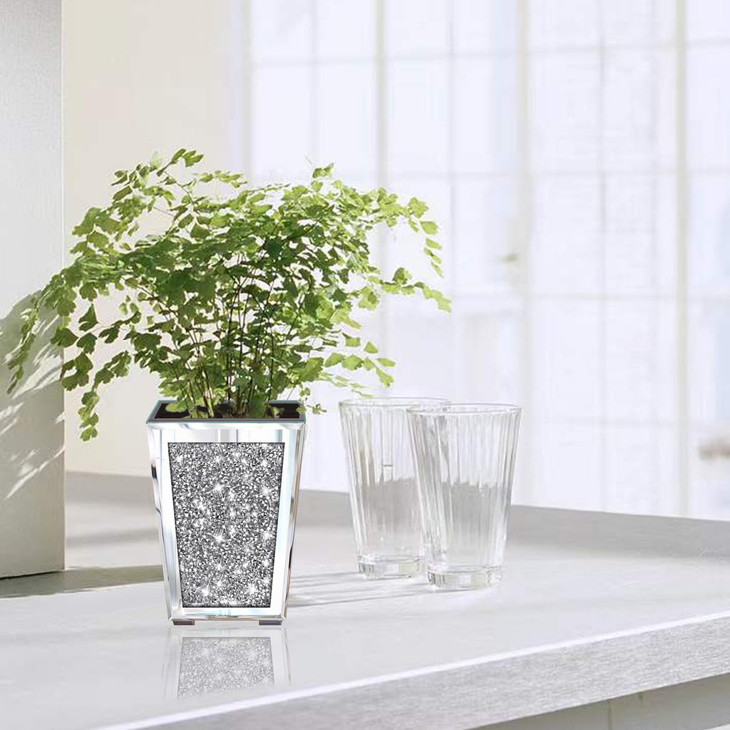 Crushed Diamond Mirrored Planter, Crystal Silver Glass Decorative Mirror Luxury Flower Pot, with Drainage Hole and
