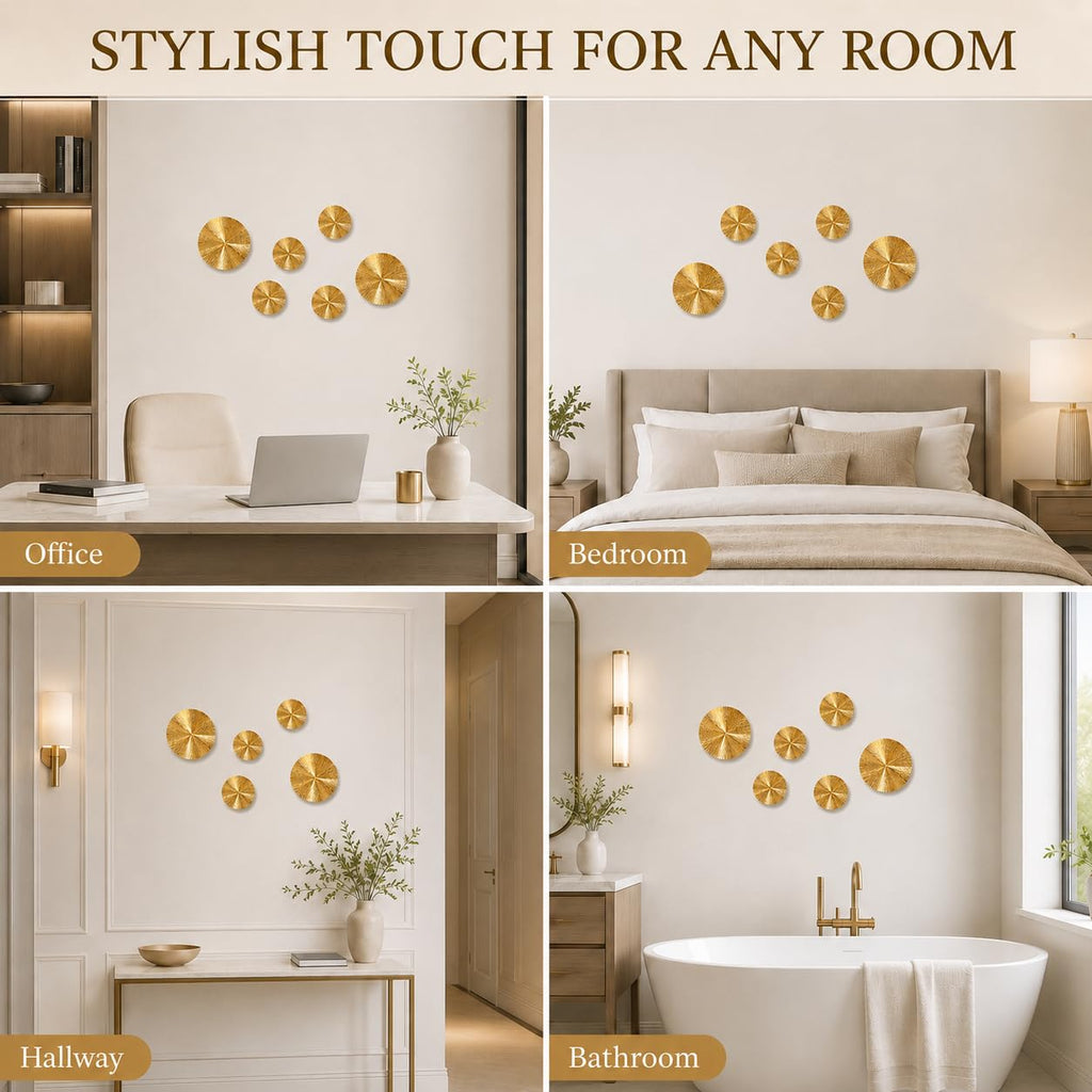 6 Pcs Gold Sunburst Wall Decor Set, Iron Metal Wall Art with 9.6" & 5.9" Pieces, Modern Geometric Hanging Sculptures